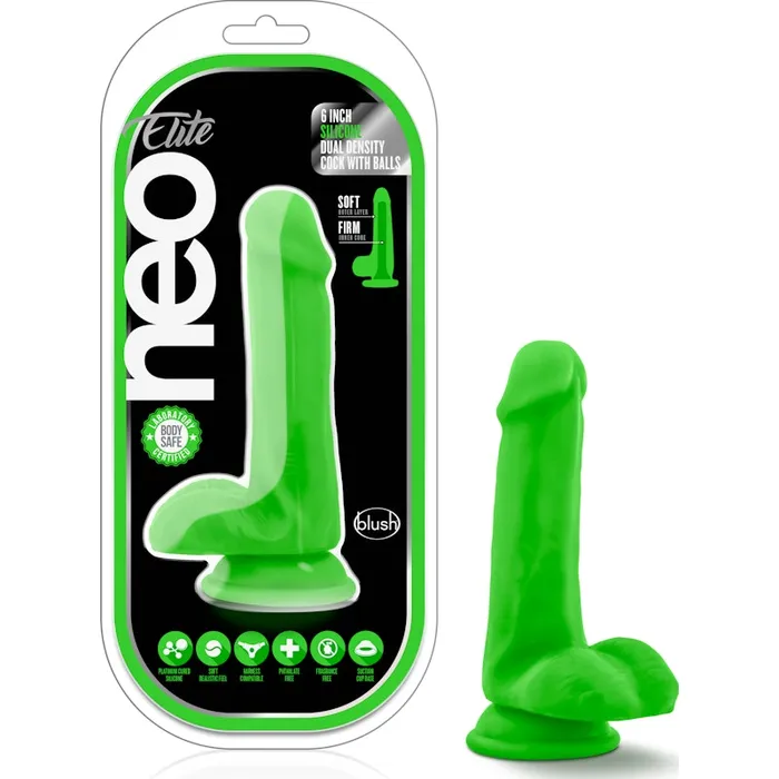 Neo Elite 6in Silicone Dual Density Cock with Balls Neon Green Neo Elite Female Sex Toys