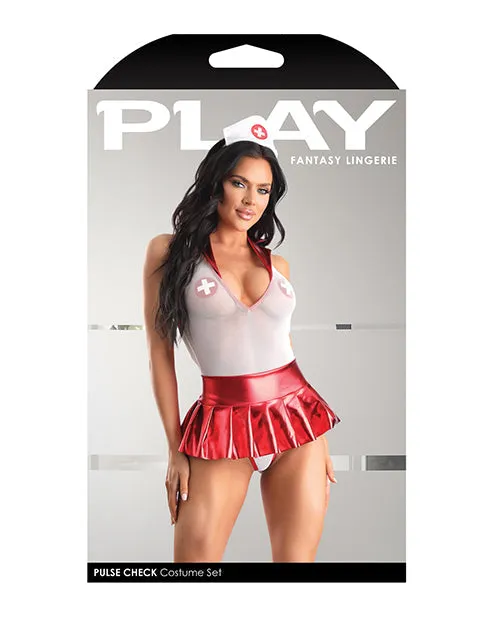 Vibrators | Fantasy Lingerie Play Pulse Check Collared Teddy W/open Back, Pleated Skirt, Medic Hat & Pasties Red/white