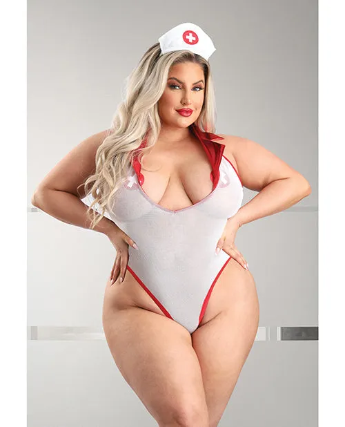 Vibrators | Fantasy Lingerie Play Pulse Check Collared Teddy W/open Back, Pleated Skirt, Medic Hat & Pasties Red/white