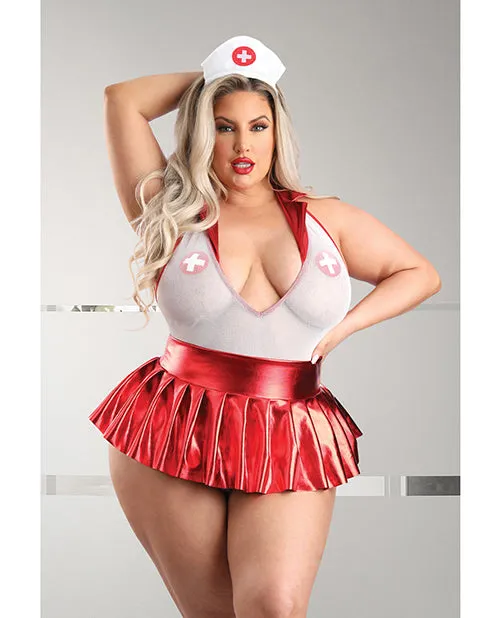 Vibrators | Fantasy Lingerie Play Pulse Check Collared Teddy W/open Back, Pleated Skirt, Medic Hat & Pasties Red/white