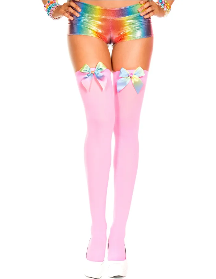 Vibrators MUSIC LEGS Neon Pink Opaque Rainbow Satin Bow Thigh High One Size