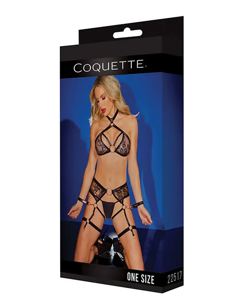 Coquette Anal Black Label Strappy Detail Halter Top Crotchless Panty Garters Restraints Black Os