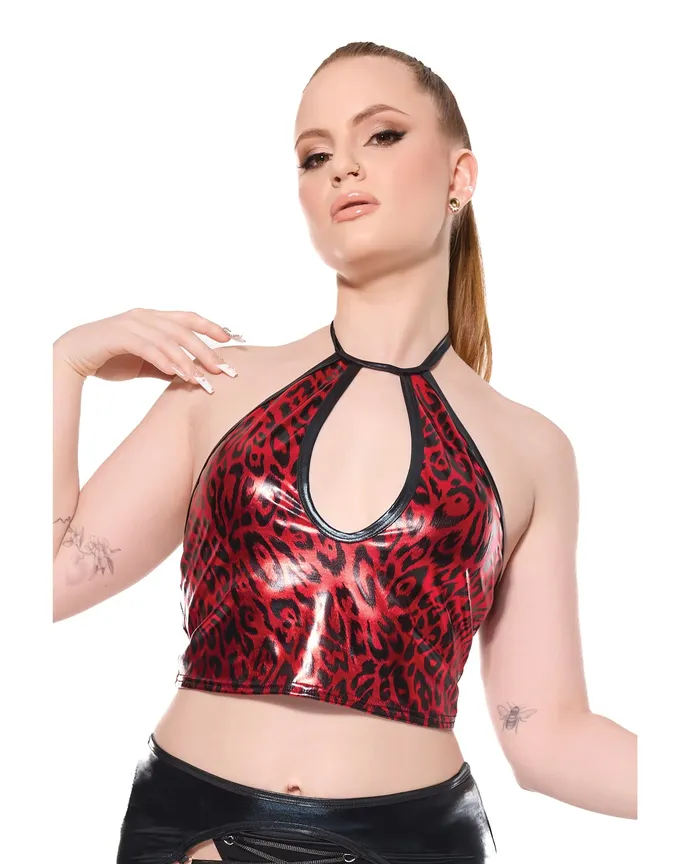 Coquette Vibrators Darque Metallic Wet Look Keyhole Halter Top RedBlack