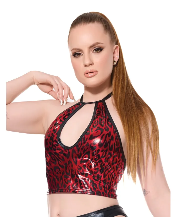 Coquette Vibrators Darque Metallic Wet Look Keyhole Halter Top RedBlack