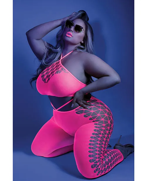 Fantasy Lingerie Dildos Glow Black Light Cropped Cutout Halter Bodystocking Neon Pink Qn